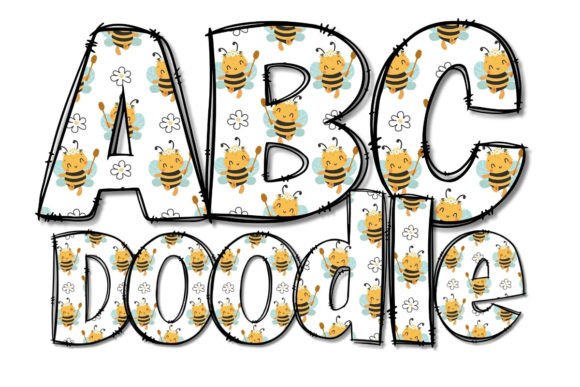 Cute Bees Doodle Alphabet Clipart PNG